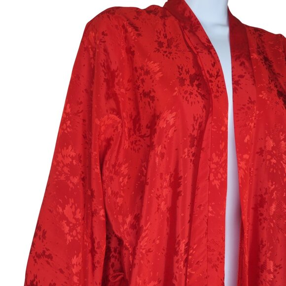 New Vintage 90s Mervyns Sabrina Red Floral Kimono Robe Jacket OS Belted USA Made - Picture 4 of 9